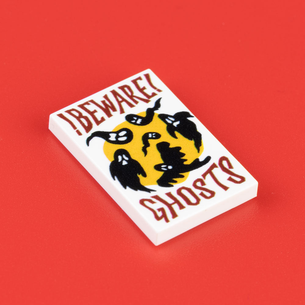 Custom Printed Lego - Beware Ghosts! Sign Tile (2x3) - The Minifig Co.