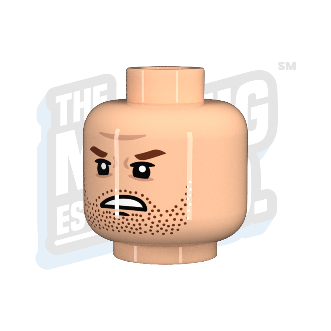 Custom Printed Lego - Angry Stubble Head (Lt. Flesh) - The Minifig Co.
